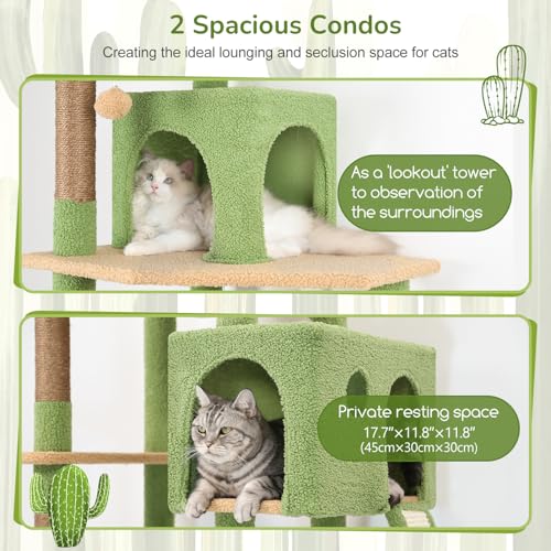 Image of Globlazer Large Cactus Cat Tree Tower, 70in Tall Heavy Duty Green Cat Tree for Indoor Cats Sturdy Cat Tower with Scratching Post and Board, Hammock, Cat Condos for Adult Cats Kittens, F70 Pro, Green