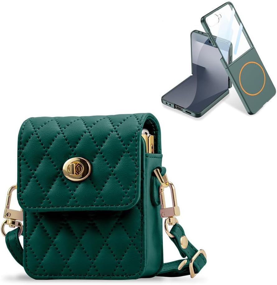 Folding Phone Case for Samsung Galaxy Z Flip 7,with Cross-Body Chain Leather Bag, Adjustable Strap - Stylish and Versatile Accessory Green