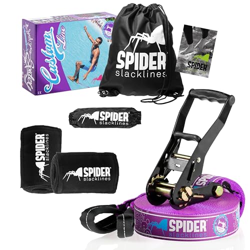 SPIDER SLACKLINE TKSA1 - Kit Slackline Custom slackliners experimentados o Principiantes - Set Completo - Longitud 15m con 1xTrinquete