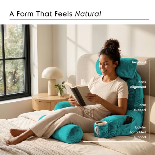 Image of Nestl Reading Pillow with Shredded Memory Foam Includes 2 Neck and Lumber Support Pillows, Designed for Sitting Up in Bed and Couch, Back and Arms Adjustable Support for Adult & Teens, Teal