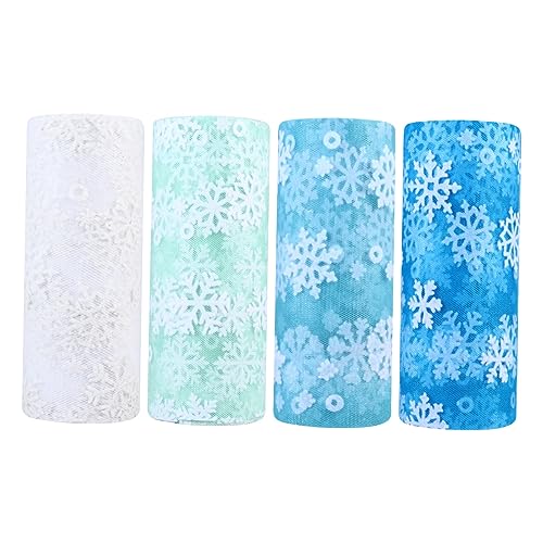 4 Roll Snowflake Mesh Decor Christmas Tree Bows Snowflake Tutu Fabric Gauze Mesh Tulle Craft Organza Wired Ribbon White Tutu Tulle Fabric Skirt Fabric Tulle Skirt Tulle Ribbon HOODANCOS