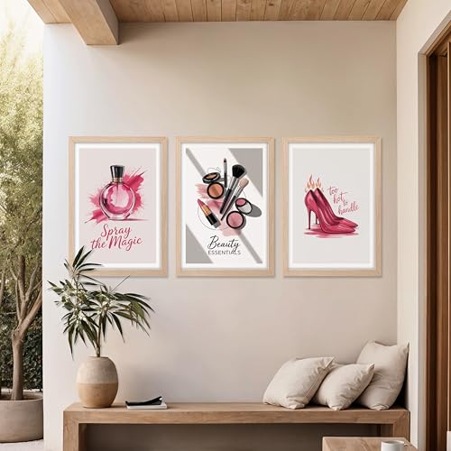 Image of NoWorries inchPink Fashion Wall Art Framed Painting Set of 3 | Perfume Bottle, Makeup Essentials & High Heel Illustration Posters with Frame | Glam Beauty Decor Frames for Bedroom, Vanity, Salon, Girls Room | Modern Chic Framed Wall Art (Art-17, 10x13inch, Wooden)