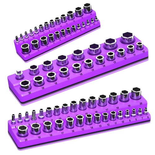 Image of Magnetic Socket Organizer Set, 3-Piece Socket Holder Trays for 1 /4 inch 3 /8 inch 1 /2 inch Drive Sockets, Organizes 68 Metric Sockets, Purple Tool Box Organizer (Sockets Not Included)