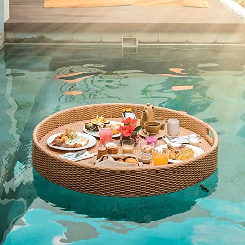 RUHEN Bandejas flotantes para Servir, Mesa y Barra, Redondas de ratán, de Lujo, con Asas: ¡Mejora tu Experiencia en la Piscina!