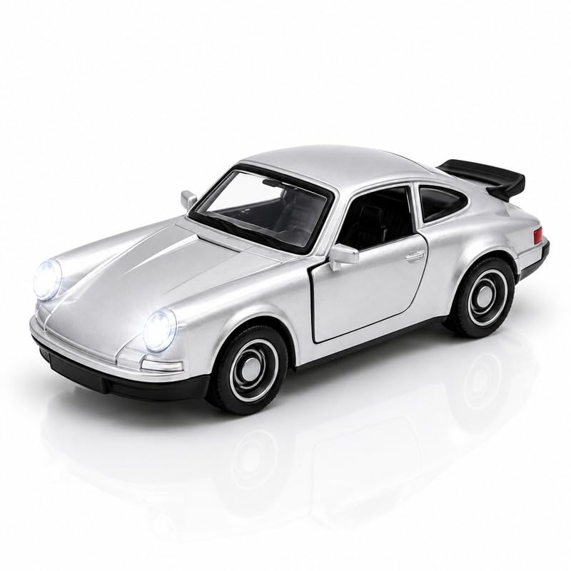 Image of 1:36 Scale Porsche 911 Die-Cast Alloy Toy Car for Kids - Pull-Back Model Car with Openable Doors, LED Light & Engine Sound | Metal Sports Car Collectible Toy (Silver)