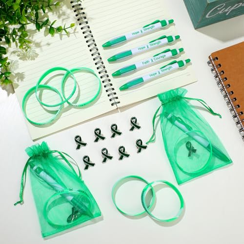 Image of Qilery 120 Pcs Liver Cancer Awareness Items Gifts Set Include Hope Strength Retractable Pens, Liver Cancer Awareness Bracelets, Ribbon Lapel Pins, Organza Bag Bulk for Event Charity Party(Green)