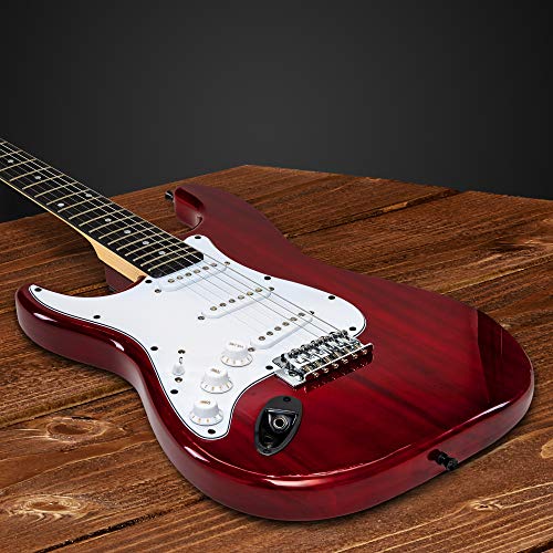 Image of LyxPro Left Hand 39 Inch Electric Guitar and Starter Kit for Lefty Full Size Beginner's Guitar, Amp, Six Strings, Two Picks, Shoulder Strap, Digital Clip On Tuner, Guitar Cable and Soft Case - Red