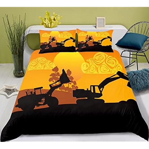 YUTNSAN Yellow King Size 220x230cm Dreamscene Boys Girls Kids Duvet Cover with 2 Pillowcases 50x75cm Excavator Pattern Reversible Stripe Bedding Set Cover