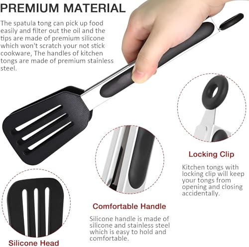 Image of YOMITH Stainless Steel Kitchen Tongs with Silicone Head, Nonstick Food Grade Cooking Tweezer Chimta for Buffet Multi Purpose Food Serving Tools (Black, 3 PCS Set)