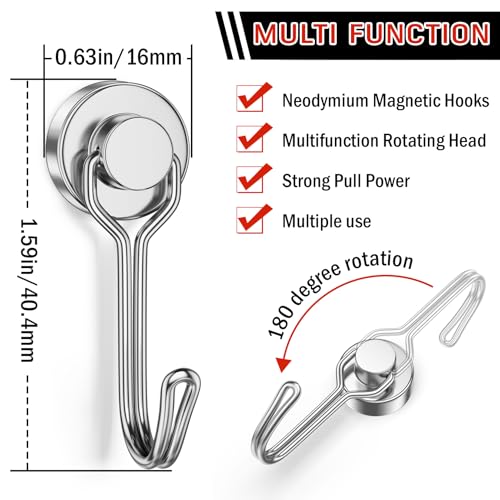 Image of FINDMAG 6 Pack Swivel Swing Magnetic Hook 30LBS Heavy Duty Magnetic Hooks Strong Neodymium Magnet Hook for Hanging, Perfect for Refrigerator and Other Magnetic Surfaces, 60mm(2.36in) in Length