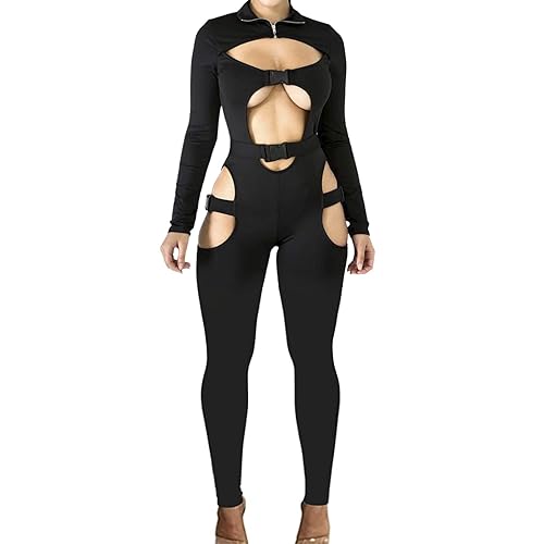 sedmoda Women Bodycon Buckle Jumpsuits Long Sleeve Hollow Out One Piece Outfits Party Club Rompers - X-Small - Black