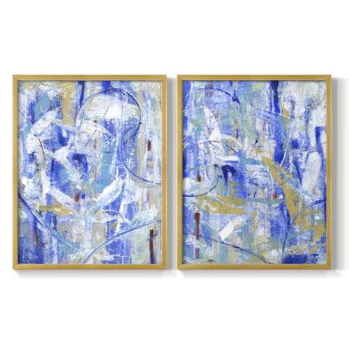 Renditions Gallery Set of 2 Peel & Stick Framed Prints, Abstract Wall Art, Bold Brushstrokes and Layered Textures Wall Decor, Re-Stickable - Ready to Hang - 16'x20' - GOLD Frame LT584