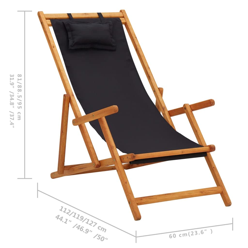 Strandstuhl Klappbar aus Massivholz Eukalyptus mit Stoff Schwarz 3-Fach verstellbar Gartenstuhl Balkonstuhl Terrassenstuhl Campingstuhl Relaxstuhl Outdoor leicht transportierbar