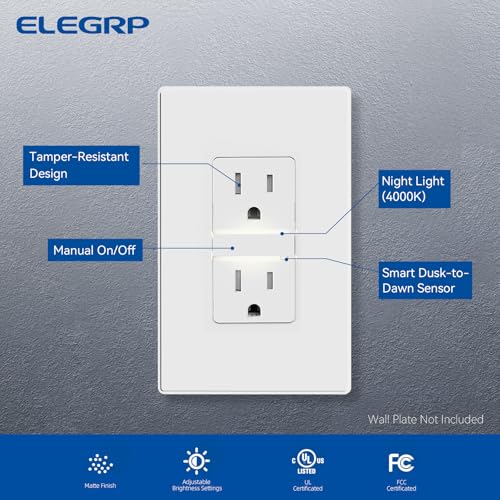Image of ELEGRP Decorative Outlet Night Light, Electrical Wall Outlets with Built in Led Guidelight 4000K, Tamper Resistant Receptacle, 15 Amp 125 Volt, Matte White, 4 Pack