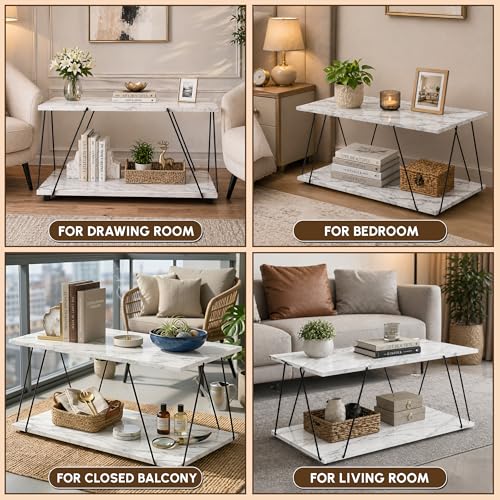 Image of JD FRESH Wooden Shelf Rack with Elegant Wooden Top /Shelving Unit & Organizer /Modern Centre Table with Sturdy Support & Spacious Storage Shelf for Living Room, Drawing Room & Balcony (White, Marble)