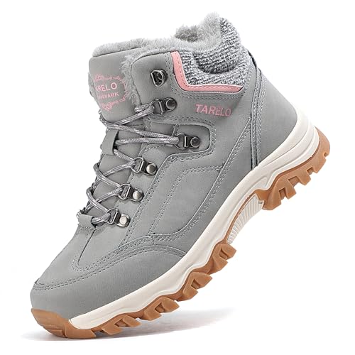 TARELO Womens Hiking Boots Fur Lined Snow Shoes Winter Warm Ankle Booties Lady Non Slip Walking Fashion Boot (Gray 9.5)