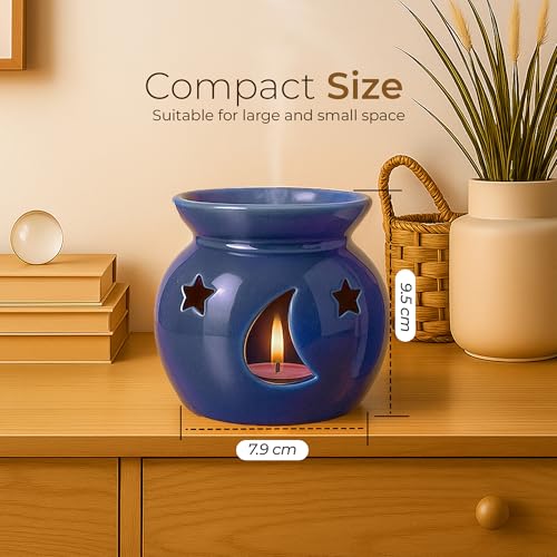 Image of Floryn Decor Ceramic Oil Diffuser Set with 5ml Essential Oil & 2 Tealight Candles | Aromatherapy Burner for Home, Bedroom, Spa & Office | Relaxing Fragrance, Compact Size - Gift Pack Blue