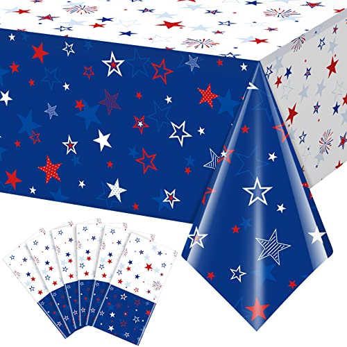 Image of 6 Pack Patriotic Tablecloth Decorations for 4th of July Independence Day, Plastic Memorial Day Table Cover Printed with Stars and Fireworks for Patriotic Themed Party Supplies, 54 x 108 Inch