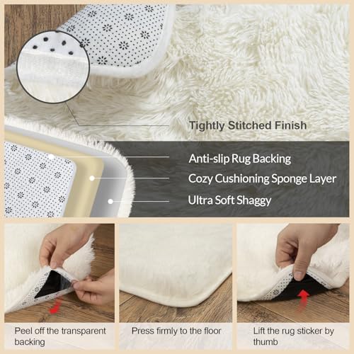 5x7 Rugs for Living Room, Large Fluffy Cream White Area Rugs for Bedroom, Soft Carpet Shag Kids Rug with 4 Non-Slip Rug Pads (5ft x 7ft, Cream White)