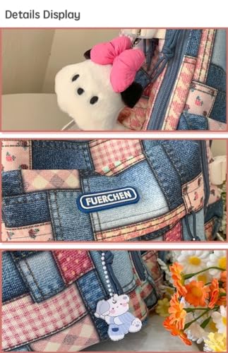 JHTPSLR Denim Patches Sewing Canvas Backpack Y2K Aesthetic Backpack Cute Cowboy Backpack Preppy Backpack Bookbag Laptop Backpack Mochilas (Blue+Plushies)4