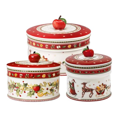 Villeroy & Boch Winter Bakery Delight Gebäckdosen-Set 3-teilig, 11 cm I 14 cm I 17 cm, Keksdosen mit Weihnachtsdekoren, Vorratsdosen aus Premium Porzellan, Rot-Weiß
