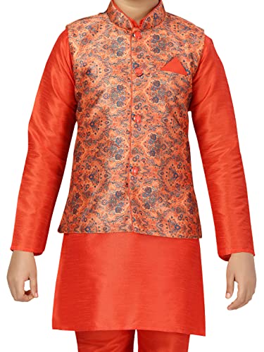 Image of Aarika Boys Orange Color Sherwani With Pyjama & Waistcoat