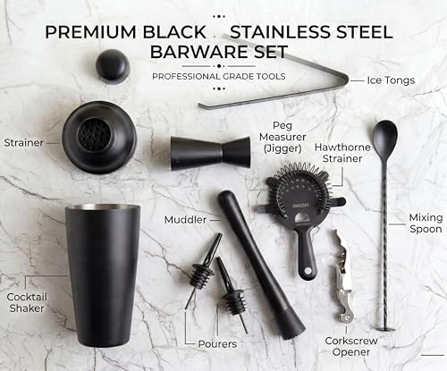 Image of Car-O-Bar Black Bar kit with Stand | Bar Set for Home - 10 Piece Bartender Kit :Cocktail Shaker, Bar Spoon, Jigger, Muddler, Strainer, Wine & Beer Bottle Opener, 2 Pourers,Tong, Wooden Stand