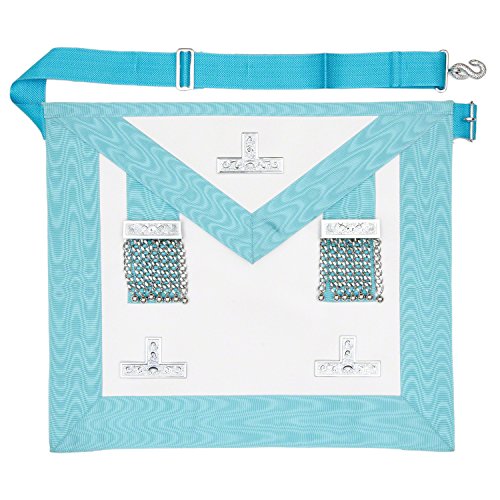 THE MASONIC COLLECTION, Worshipful Master WM/PM Leather Apron, Sky Blue, Silver Pated Levels & Ball Chains with Pockets