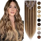 Silk-co Echthaar Clip In Extensions 8 Tressen 18 Clips 65g, Schokoladenbraun und Dunkelblond Hair Extensions, Remy Echthaar Clip In Extensions Haarverlängerung 4P27# 40cm