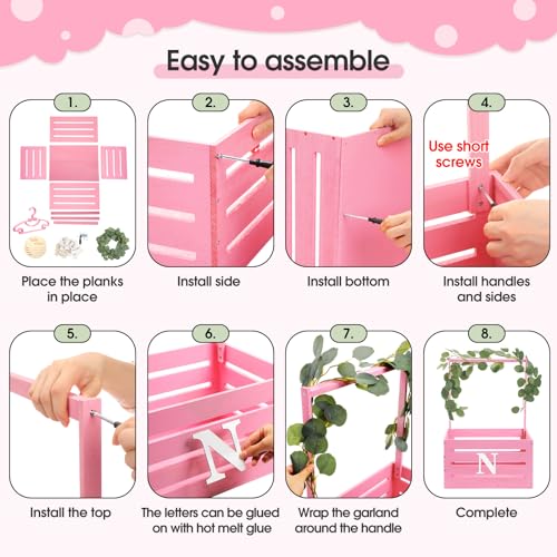 Image of Barydat Wooden Baby Shower Crate Closet Basket with Handle Baby Announcement Sign Garland Hangers Large Letter, Wooden Gift Crate, Letters for Pregnancy New Parent Party(Pink)