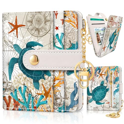 Image of Jogjam Rfid Women Wallet, Small Slim Thin Credit Card Wallet, PU Leather Bifold Cash Wallet, Zipper Coin Pocket & ID Window, Female Ladies Teen Girls Girly Gifts, Sea Turtle, Modern