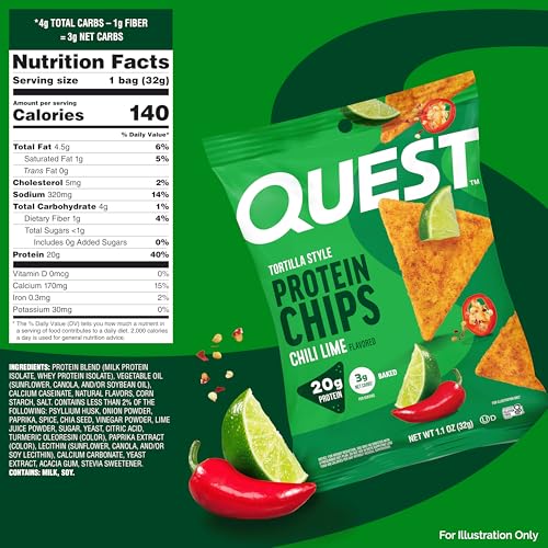 Image of Quest Nutrition Chili Lime Tortilla Style Protein Chips, 20g Protein, 3g Net Carbs, Low Carb, Gluten Free, 1.1 oz (Pack of 12)