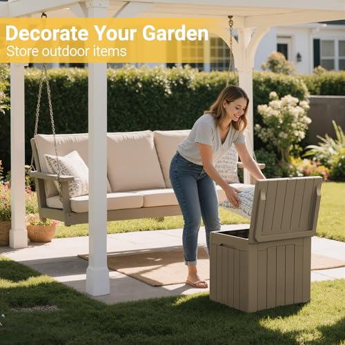 Image of Greesum Outdoor Storage Box 31 Gallon Storage Box with Lid for Patio Furniture, Garden Tools, Pool Supplies, Waterproof and UV Resistant, Lockable, Light Coffee