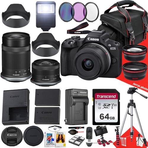 Canon EOS R50 Mirrorless Camera with RF-S 18-45mm f/4.5-6.3 is STM and Canon RF-S 55-210mm f/5-7.1 is STM Lens + 64 GB Memory + Extra Battery + Filters + More (30pc Bundle), Black (Renewed)