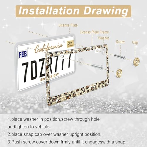 Image of Amiss Bling License Plate Frame for Women, 2Pack Rhinestone Handcrafted Crystal Premium Stainless Steel, Stainless Steel Car Decorative Accessories with Diamond Sparkle Glitter Caps (Leopard Print)