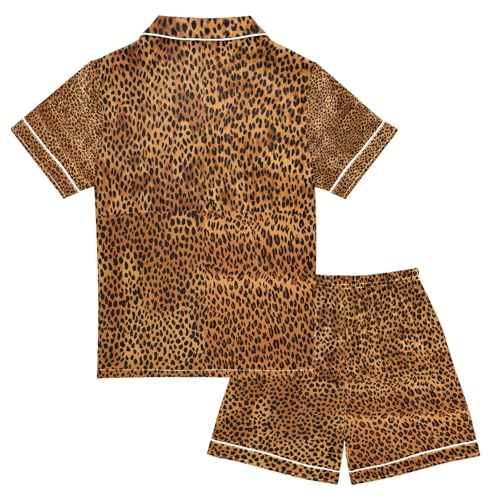 ALAZA Brown Leopard Print Cute Satin Pajamas Set Short Sleeve Button Down Sleepwear Summer Pjs 2 Piece2