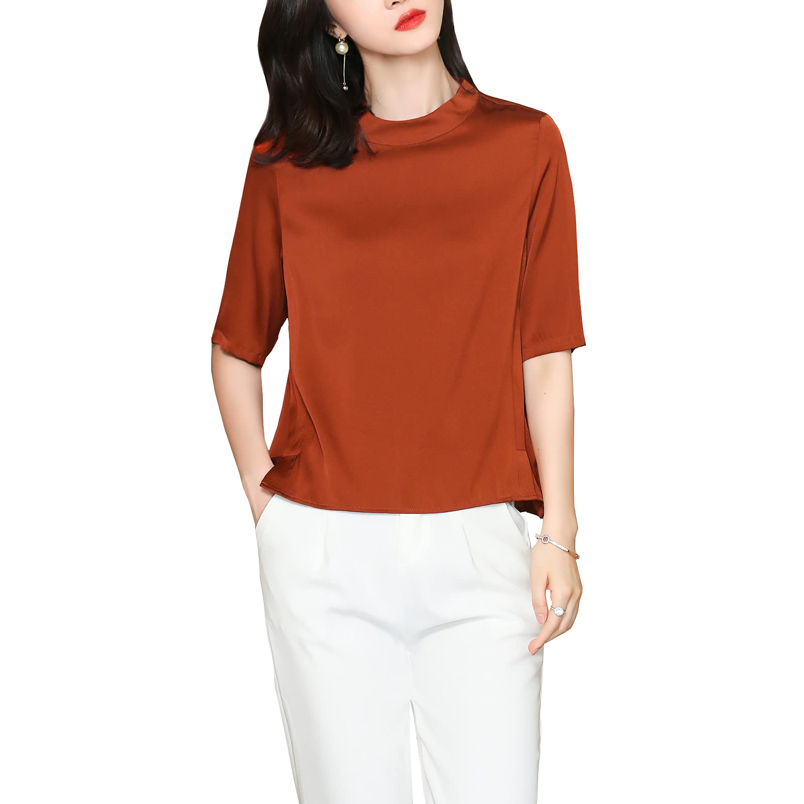 E-girl Blusa de seda para mujer, camisas sólidas puentes, blusa de manga corta, cuello alto, blusa de seda, S3356