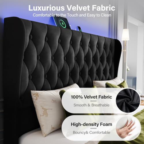 Uteeran King Size Bed Frame with Headboard, Velvet Upholstered Bed Frame with LED Lights & Charging Station, Platform Bed with Wooden Slats Support, Luxury Button Tufted Design, Noise Free, Black — view 3