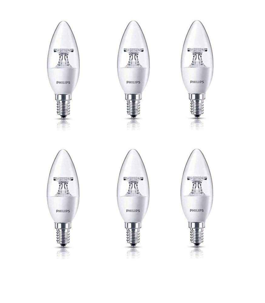 Philips 4-Watt 400-lumen Clear Candle E14 Base (Warm White, Pack of 6) - Decorative, Ambience for Chandeliers, Wall Lights, Desk Lamps, Floor Lamps