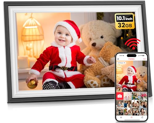 Frameo Cadre photo numérique Wi-Fi 10,1' - 1280 x 800 IPS - Écran tactile IPS - Mémoire 32 Go - Rotation automatique - Partagez photos/vidéos instantanément (noir et blanc)