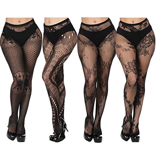 Plus Size Womens Sexy Lace Patterned Tights Fishnet Floral Stockings High Waist Pantyhose for Girls Ladies 4 Pairs