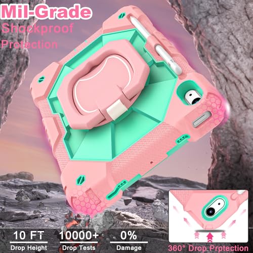 Image of WESOROL Case for iPad (A16) 11th /10th Generation 2025 /2022 with Screen Protector 360 Rotating Stand Pencil Holder iPad Case10th Generation Shockproof Cover for iPad 11th /10th Gen Case,Rose Mint