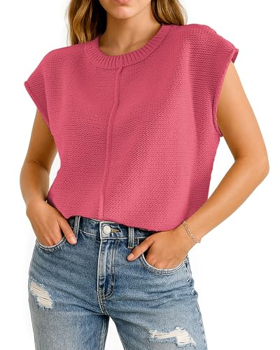 Image of COSSEN Womens Summer Cap Sleeve Tops Trendy Casual Crew Neck Knit Lightweight Sweater Pullover Top