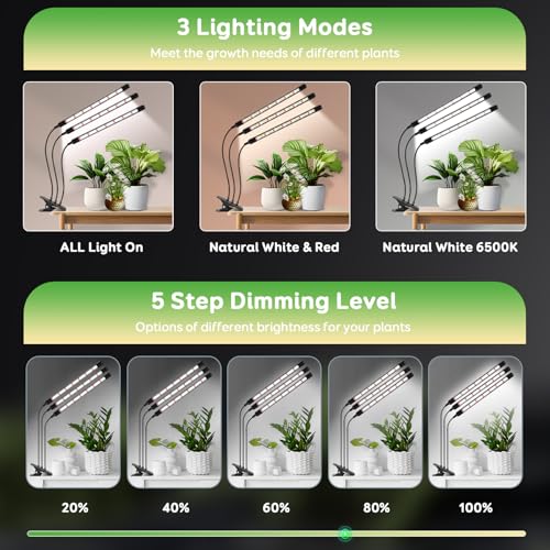 Niello 3 têtes Lampe pour Plantes, Spectre Complet Lampe de Plante en Croissance, Auto on/off 6/12/18H, 3 modes de couleur et 5 niveaux de luminosité réglables – Image 5