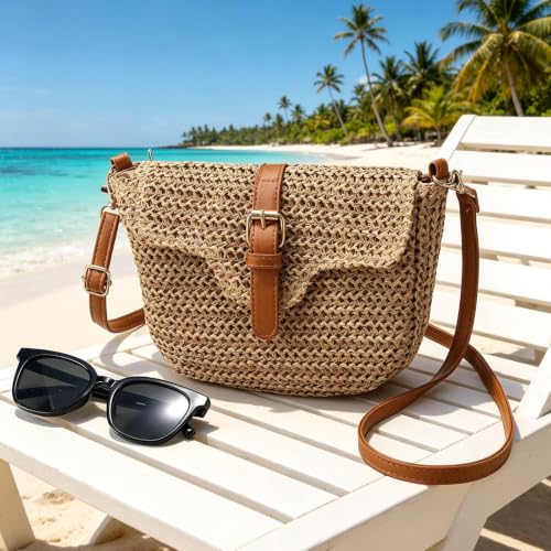 Image of Straw Bag Beach Purse Summer Purses for Women Vacation Handbags Woven Crossbody Bags Straw Shoulder Bag