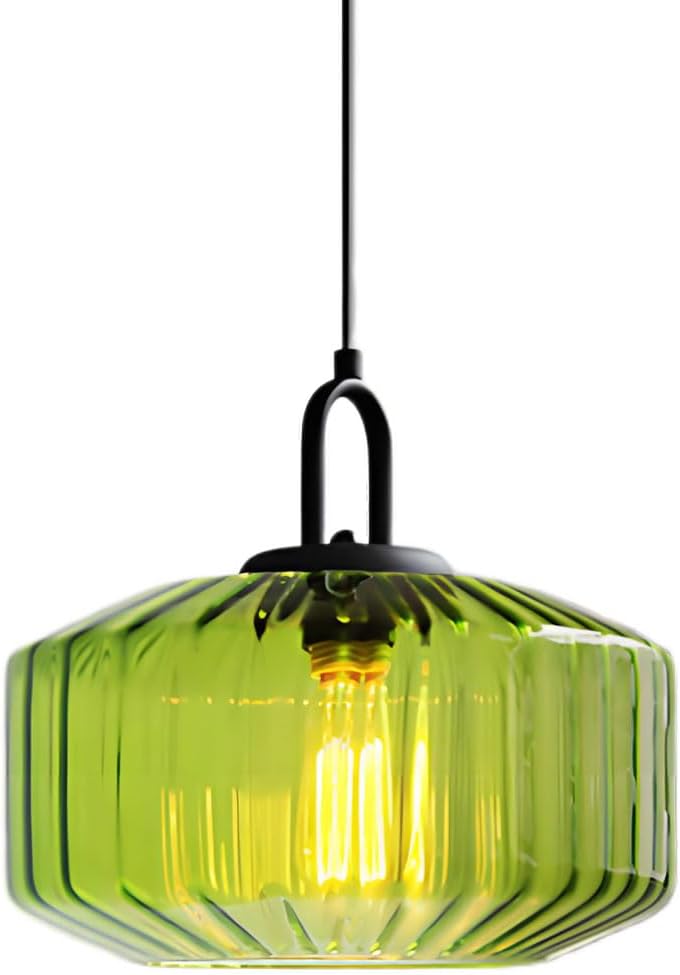 11-Inch Vintage Industrial Ribbed Glass Pendant Light Adjustable Height E26 Hanging Light for Kitchen Island Dining Room Bedroom Living Room Bar (Green)