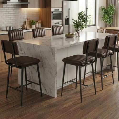 Butacos IDEALHOUSE, Set de 6 unidades, con respaldo y reposapiés, altura para barra, asiento acolchado grueso y patas metálicas reforzadas, color marrón miniatura 3