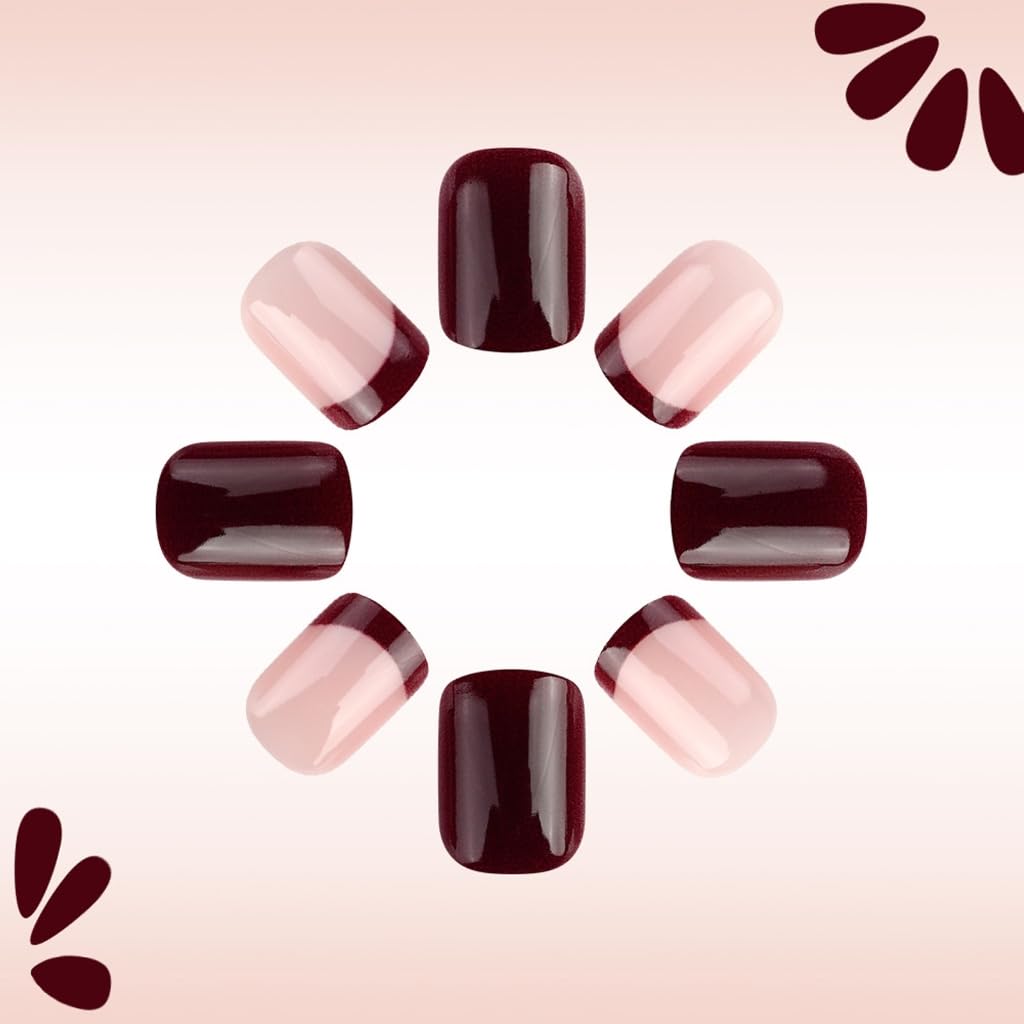 24 Pcs Short Round Acrylic Nails Flowers Full Covers Stick On Nails French Tip Glossy False Nails