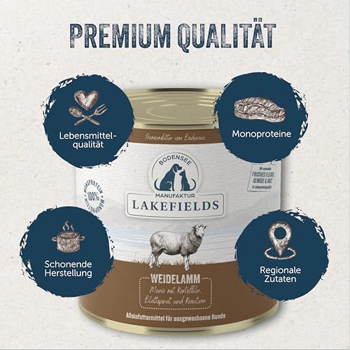 Lakefields Premium Hundefutter Nass | Lamm 60% | 6 x 800g | Getreidefreies Nassfutter für Hunde | Natürliche Zutaten in Lebensmittelqualität | Kartoffeln, Blattspinat und Kräutern | Schonend gegart