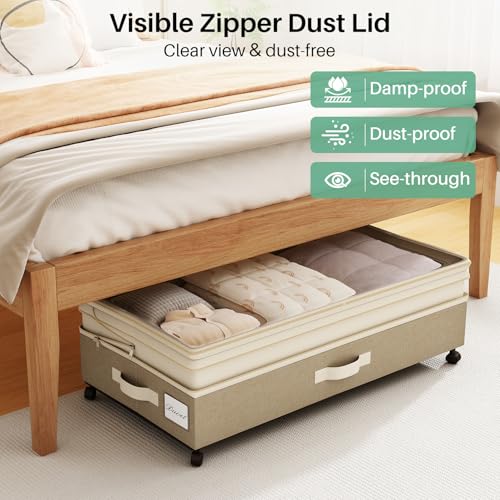 Image of Kitstorack 2Pack Height-adjustable Under Bed Storage with Wheels, Under Bed Storage Containers,Under Bed Shoe Storage Organizer with Clear Window&Label, Suitable for Clothes Storage, Beige & Linen